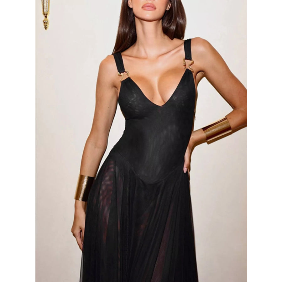 Sleeveless Sheer Maxi Dress with Gold Hardware Detail Apparel and Accessories