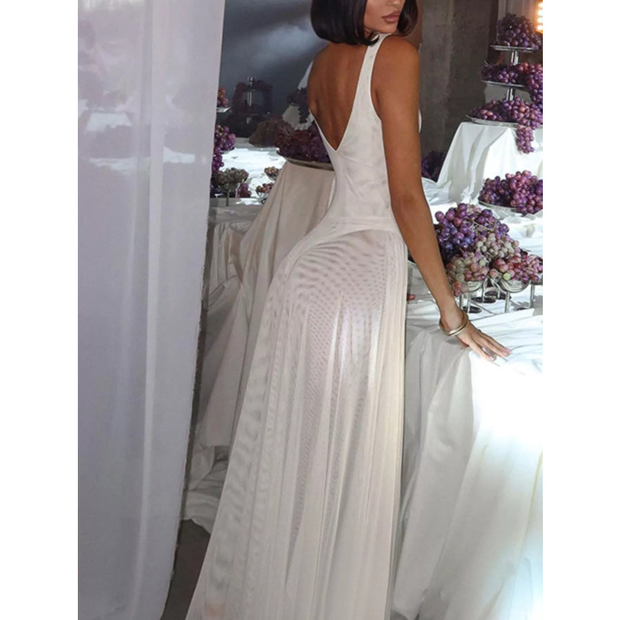 Sleeveless Sheer Maxi Dress with Gold Hardware Detail Apparel and Accessories