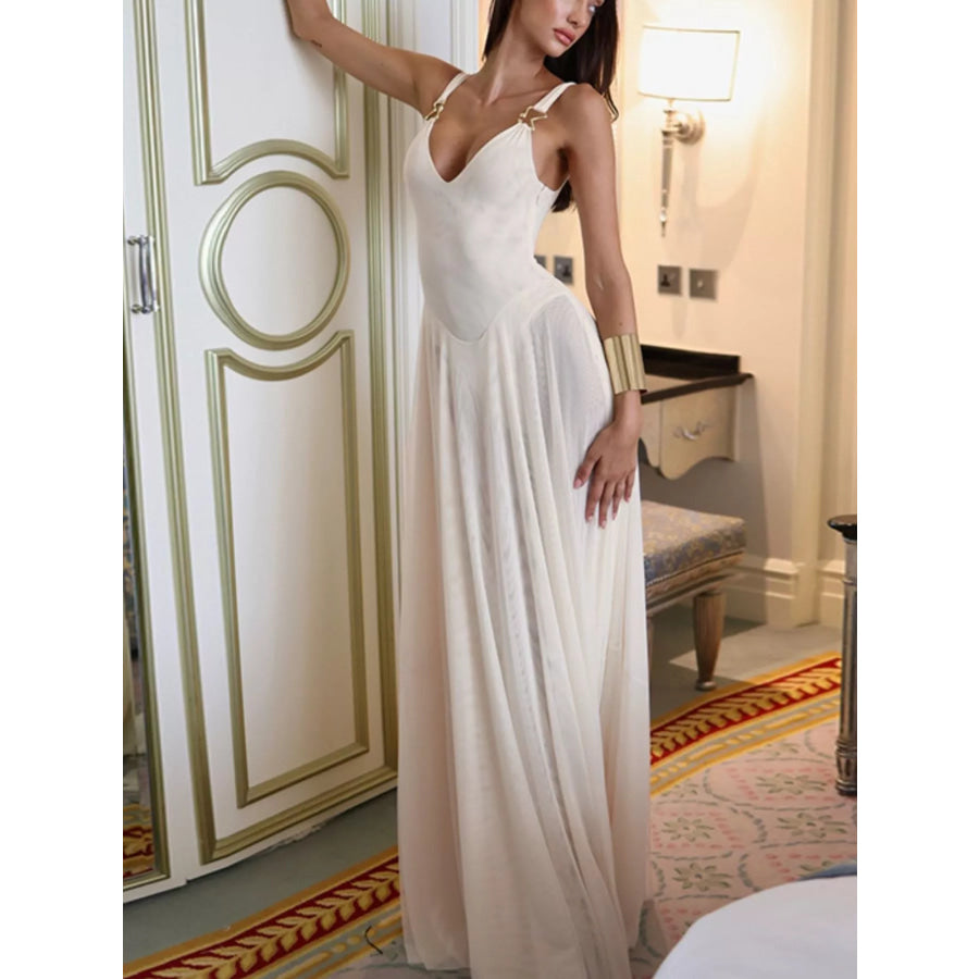 Sleeveless Sheer Maxi Dress with Gold Hardware Detail Apparel and Accessories