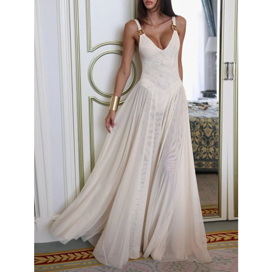 Sleeveless Sheer Maxi Dress with Gold Hardware Detail White / S Apparel and Accessories