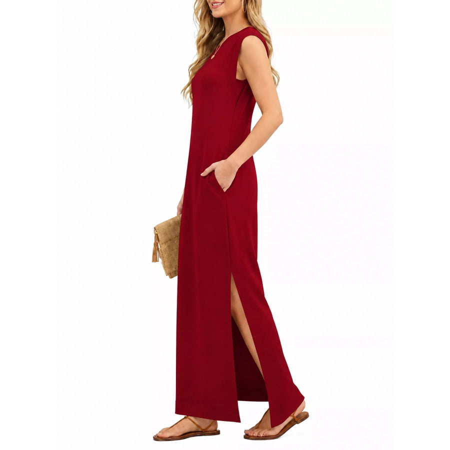 Sleeveless Side-Slit Casual Maxi Dress with Pockets Apparel and Accessories