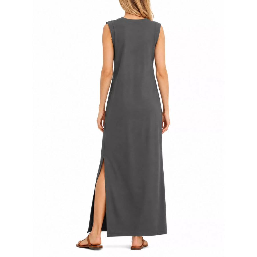 Sleeveless Side-Slit Casual Maxi Dress with Pockets Apparel and Accessories