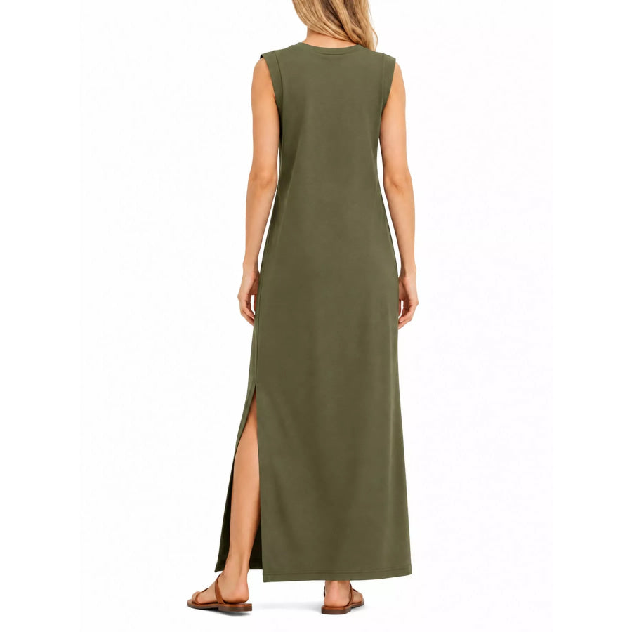 Sleeveless Side-Slit Casual Maxi Dress with Pockets Apparel and Accessories