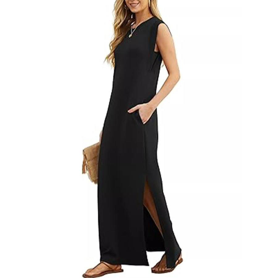 Sleeveless Side-Slit Casual Maxi Dress with Pockets Apparel and Accessories