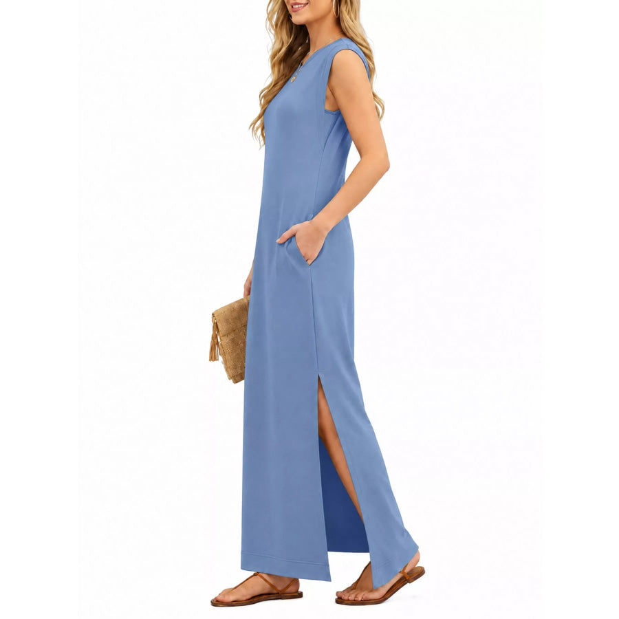 Sleeveless Side-Slit Casual Maxi Dress with Pockets Apparel and Accessories