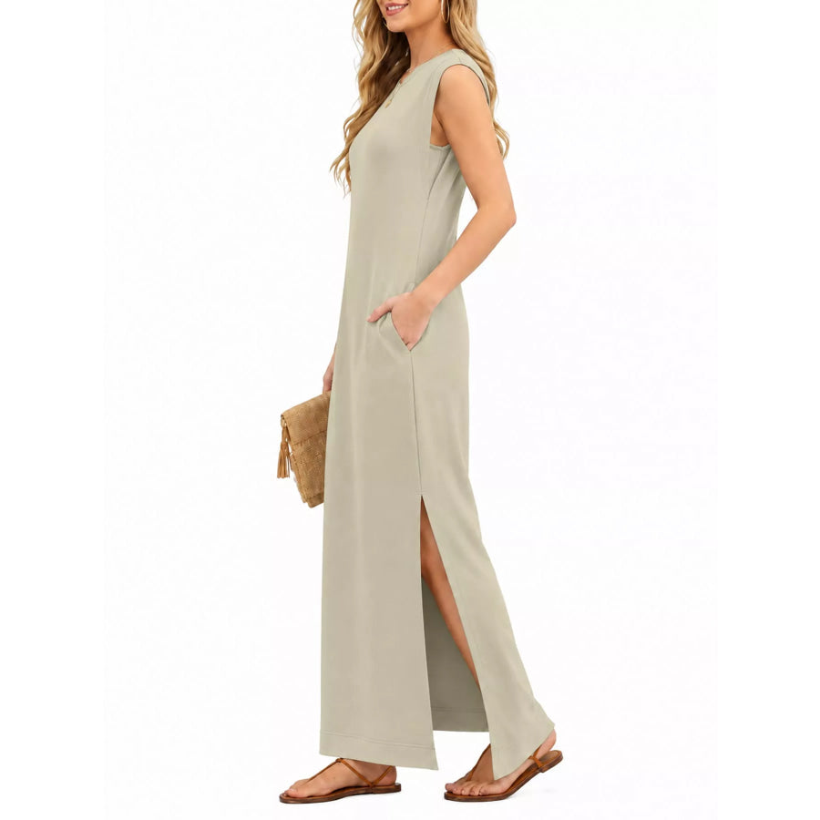 Sleeveless Side-Slit Casual Maxi Dress with Pockets Apparel and Accessories