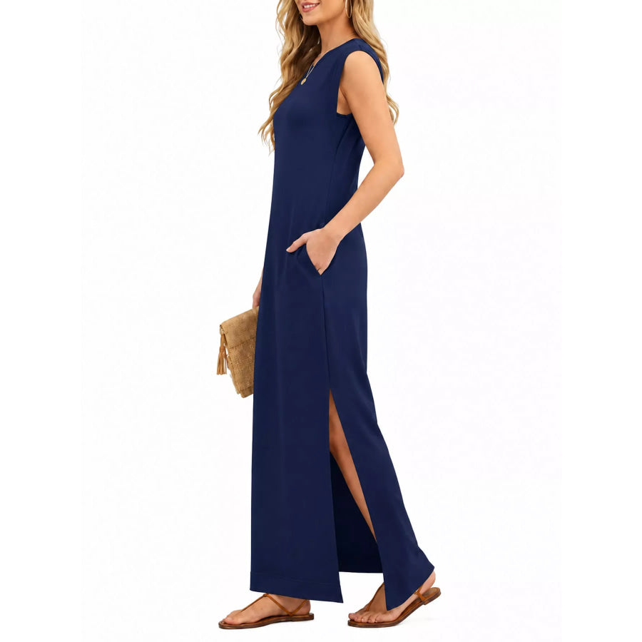 Sleeveless Side-Slit Casual Maxi Dress with Pockets Apparel and Accessories