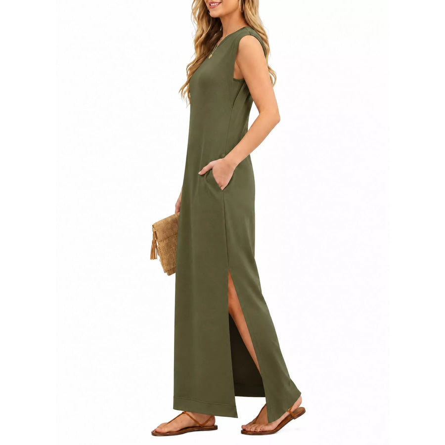 Sleeveless Side-Slit Casual Maxi Dress with Pockets Apparel and Accessories