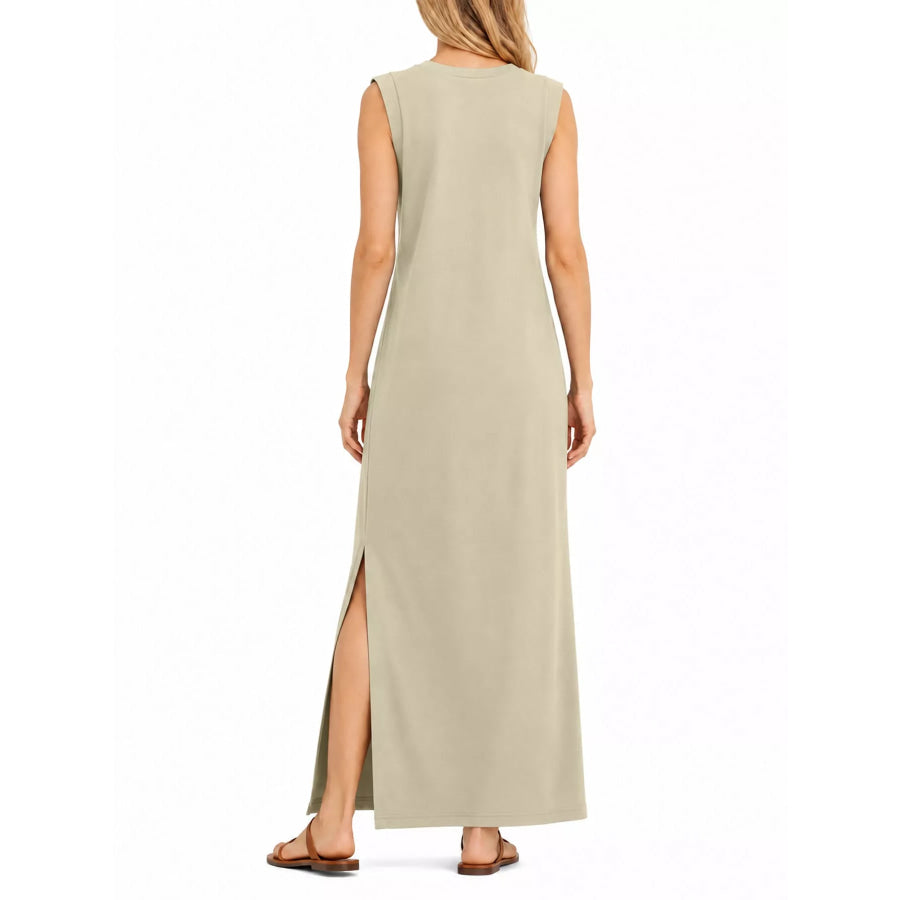 Sleeveless Side-Slit Casual Maxi Dress with Pockets Apparel and Accessories