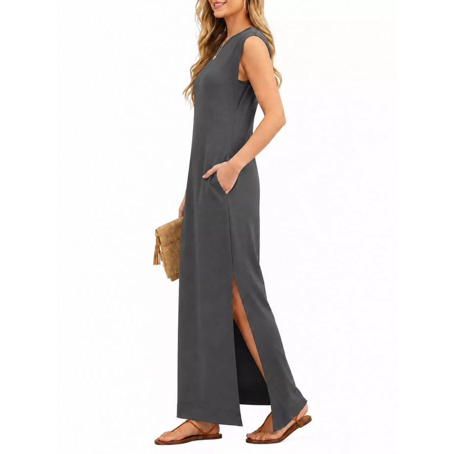 Sleeveless Side-Slit Casual Maxi Dress with Pockets Apparel and Accessories
