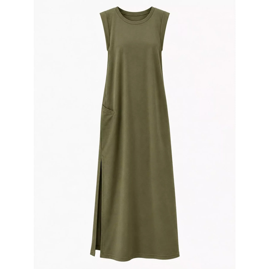 Sleeveless Side-Slit Casual Maxi Dress with Pockets Apparel and Accessories