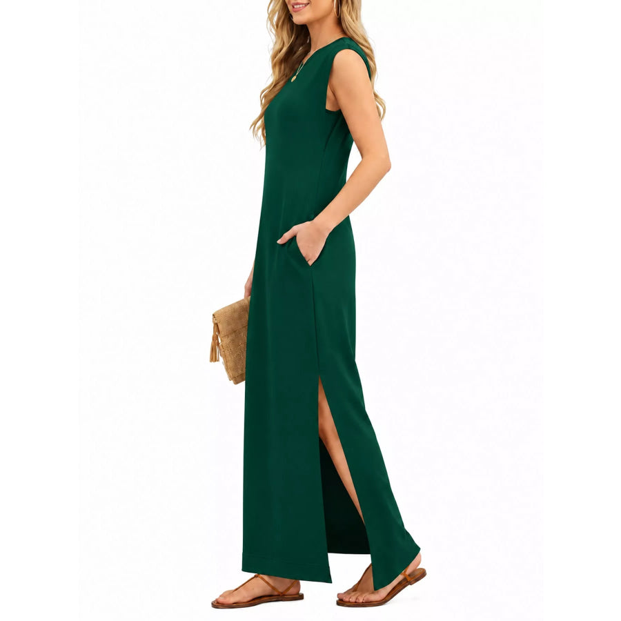 Sleeveless Side-Slit Casual Maxi Dress with Pockets Apparel and Accessories