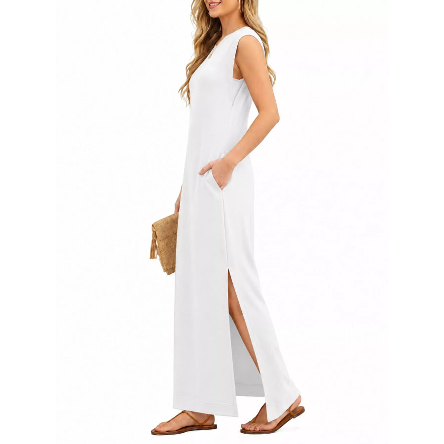Sleeveless Side-Slit Casual Maxi Dress with Pockets Apparel and Accessories