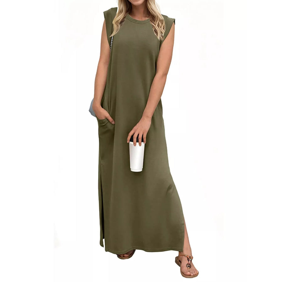 Sleeveless Side-Slit Casual Maxi Dress with Pockets Army Green / S Apparel and Accessories