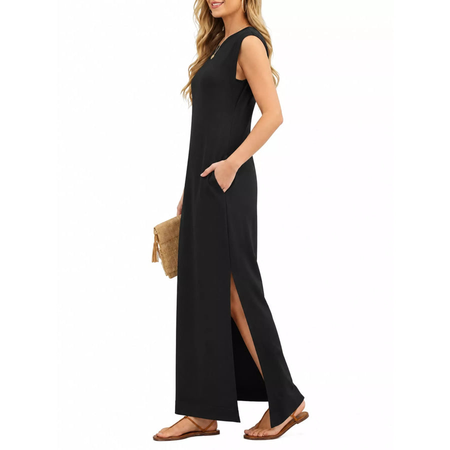 Sleeveless Side-Slit Casual Maxi Dress with Pockets Black / S Apparel and Accessories
