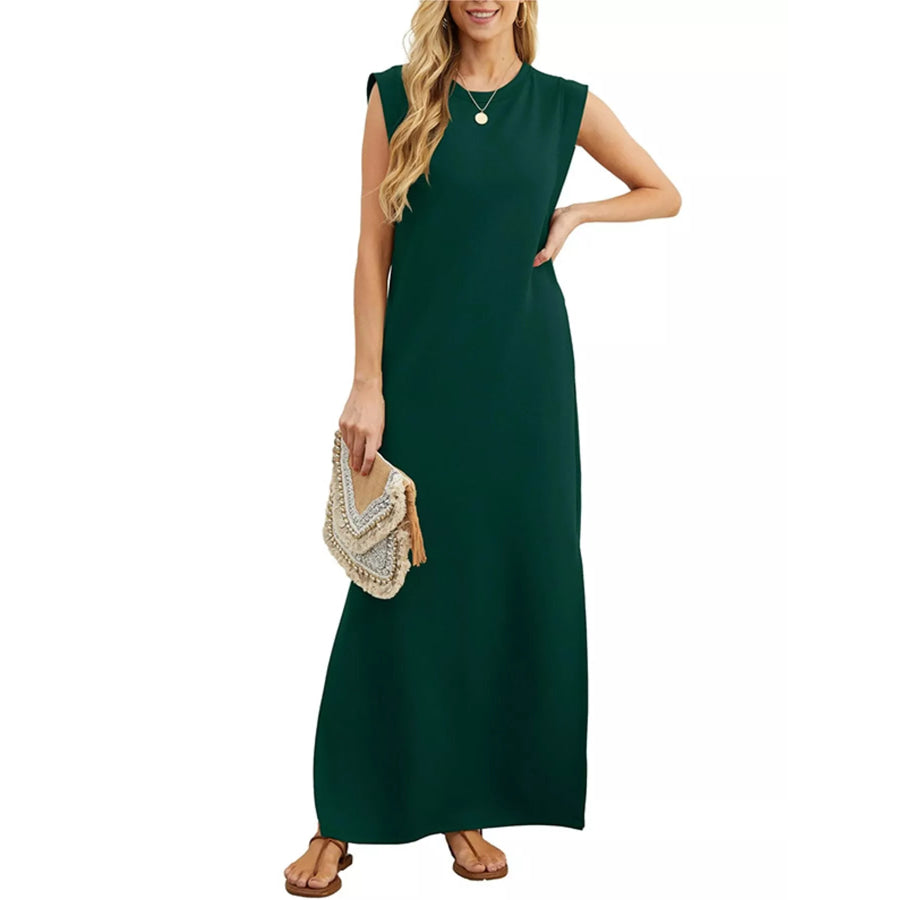 Sleeveless Side-Slit Casual Maxi Dress with Pockets Dark Green / S Apparel and Accessories