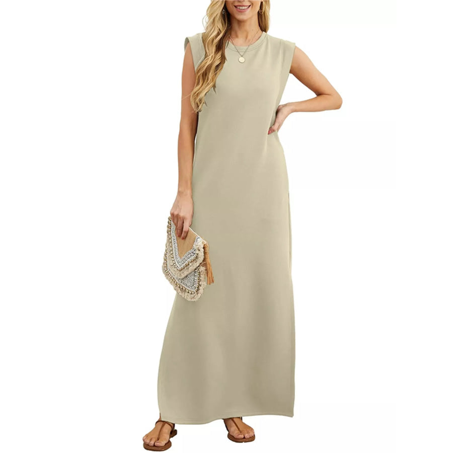 Sleeveless Side-Slit Casual Maxi Dress with Pockets Khaki / S Apparel and Accessories