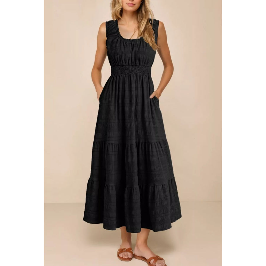 Sleeveless Smocked Tiered Dress with Pockets Black / S Apparel and Accessories