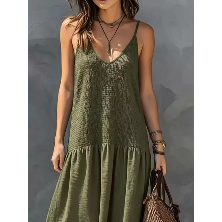 Sleeveless Smocked V-Neck Casual Maxi Dress Apparel and Accessories