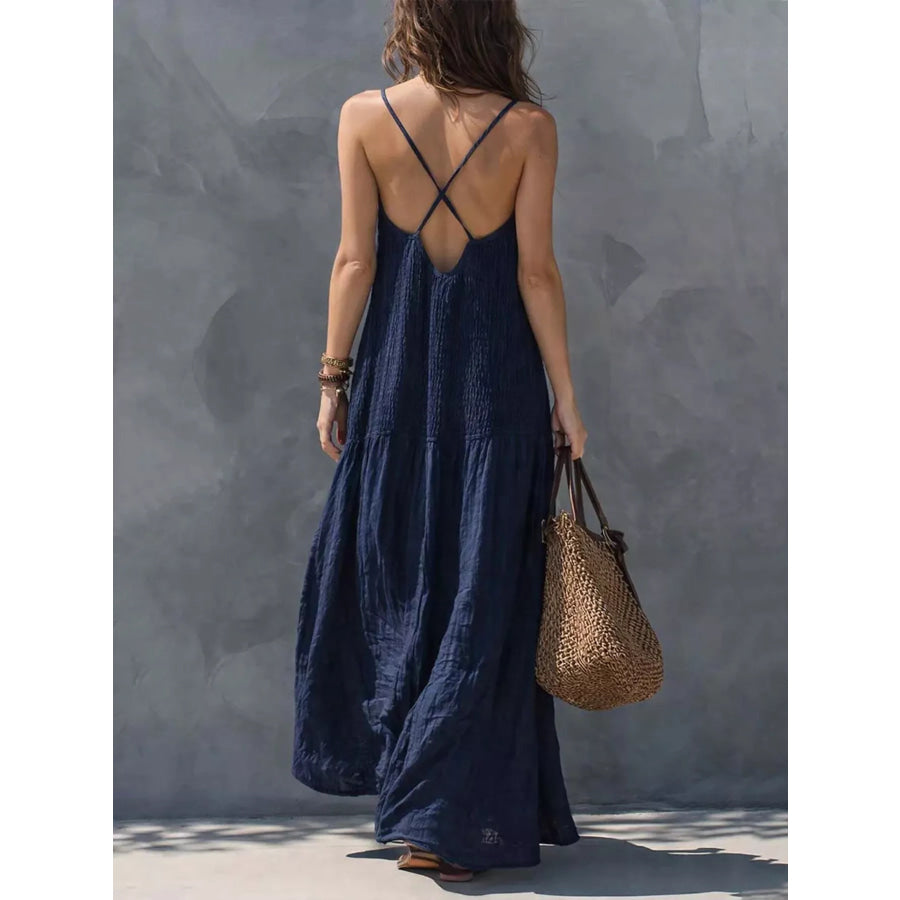 Sleeveless Smocked V-Neck Casual Maxi Dress Navy Blue / XS Apparel and Accessories