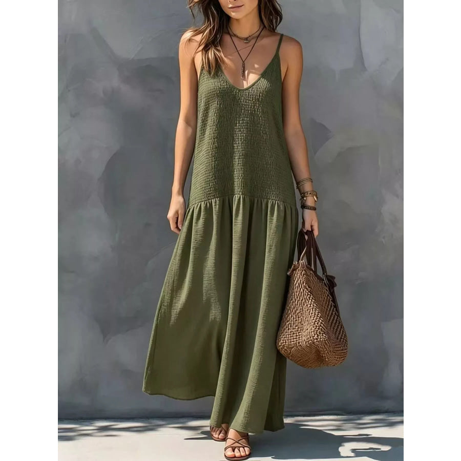 Sleeveless Smocked V-Neck Casual Maxi Dress Army Green / XS Apparel and Accessories