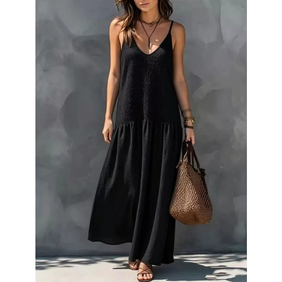 Sleeveless Smocked V-Neck Casual Maxi Dress Black / XS Apparel and Accessories