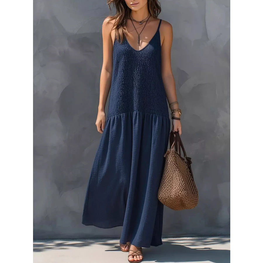 Sleeveless Smocked V-Neck Casual Maxi Dress Navy Blue / XS Apparel and Accessories