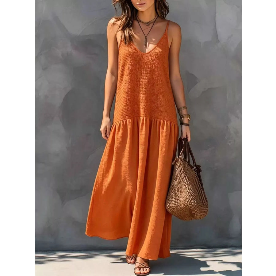 Sleeveless Smocked V-Neck Casual Maxi Dress Orange Red / XS Apparel and Accessories
