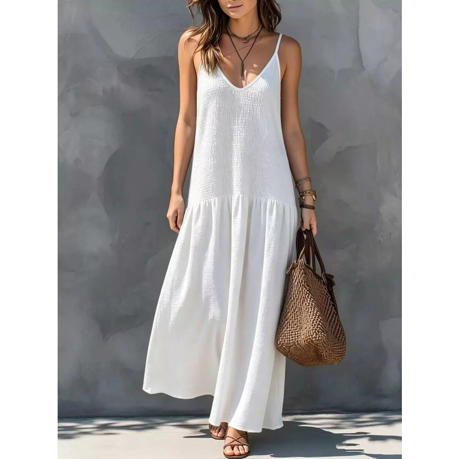 Sleeveless Smocked V-Neck Casual Maxi Dress White / XS Apparel and Accessories