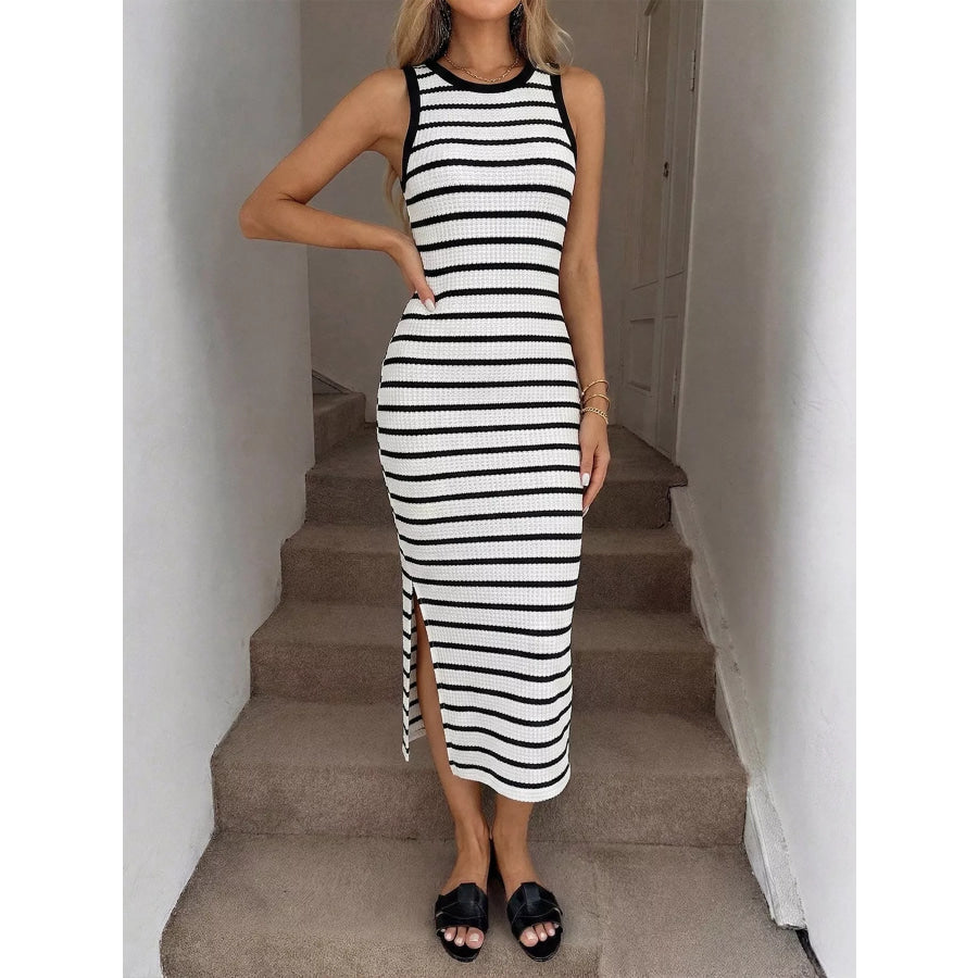 Sleeveless Striped Bodycon Midi Dress White / S Apparel and Accessories