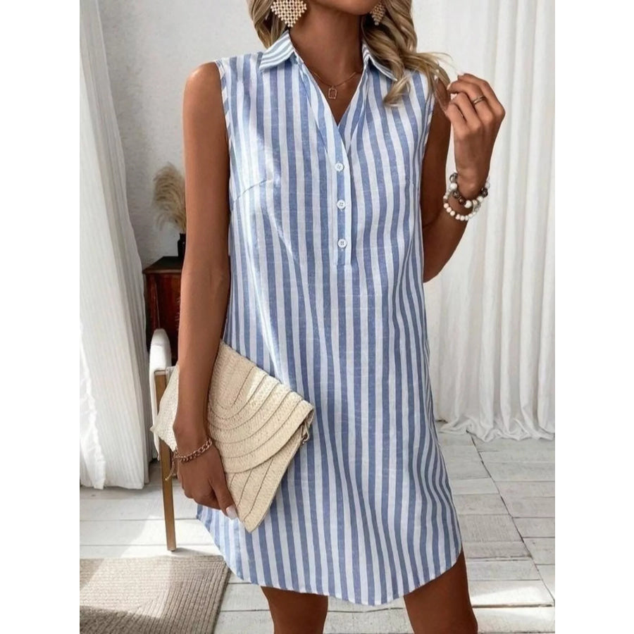 Sleeveless Striped Button Detail Shirt Dress Blue / S Apparel and Accessories