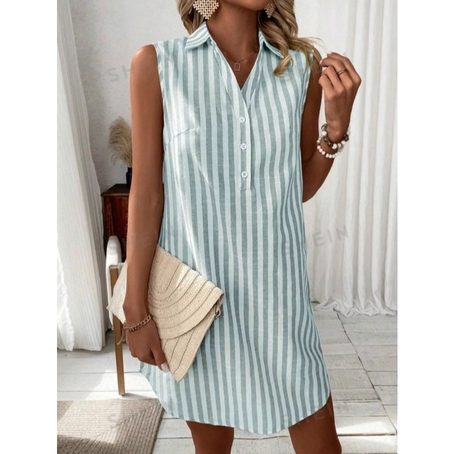Sleeveless Striped Button Detail Shirt Dress Green / S Apparel and Accessories