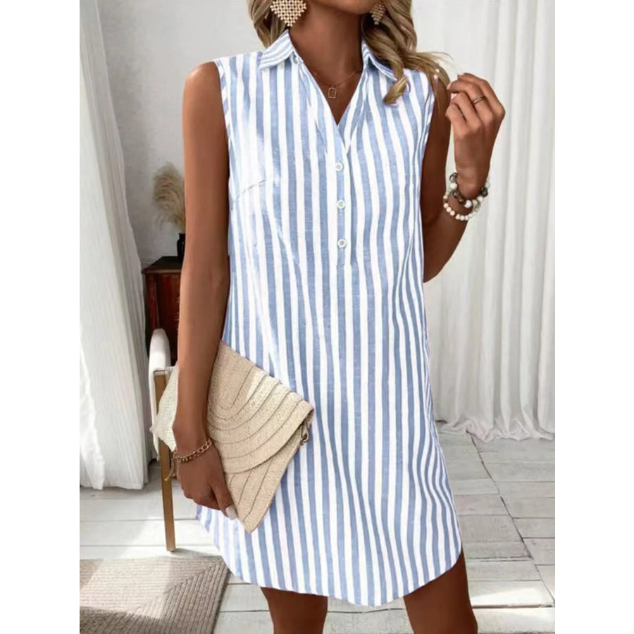 Sleeveless Striped Button Detail Shirt Dress Light Blue / S Apparel and Accessories