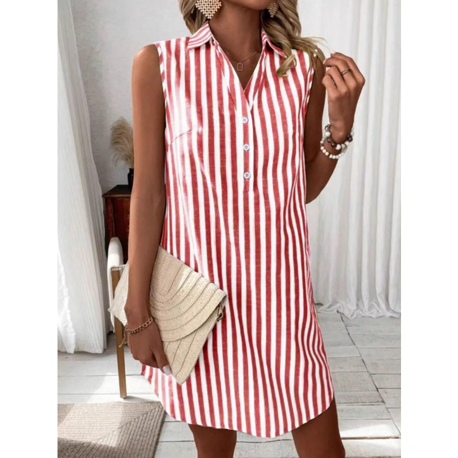 Sleeveless Striped Button Detail Shirt Dress Wine Red / S Apparel and Accessories