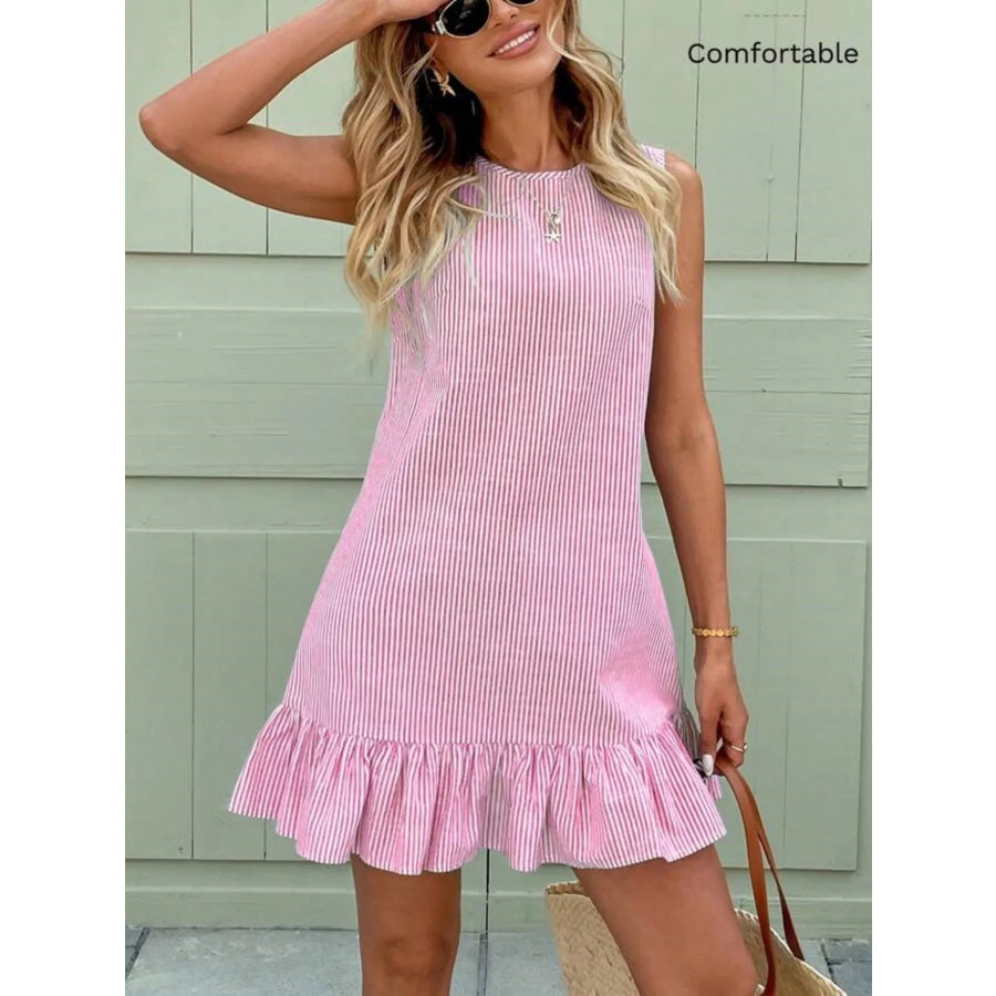 Sleeveless Striped Ruffle Hem Mini Dress Pink / S Apparel and Accessories