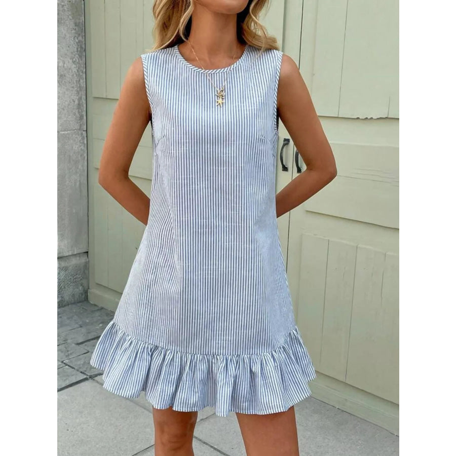 Sleeveless Striped Ruffle Hem Mini Dress Sky Blue / S Apparel and Accessories