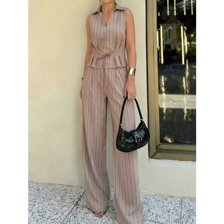 Sleeveless Striped Top & Wide Leg Pant Set Khaki / S Apparel and Accessories