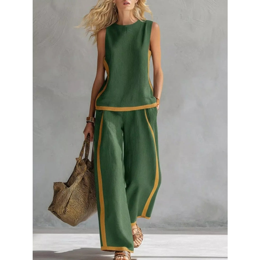 Sleeveless Tank Top and Wide-Leg Pants Set Green / S Apparel and Accessories