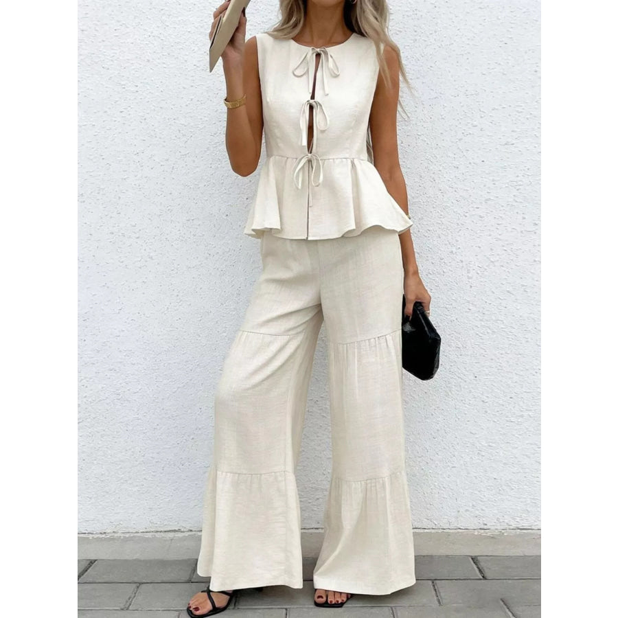 Sleeveless Tie-Front Top and Wide Leg Pants Set Apparel and Accessories