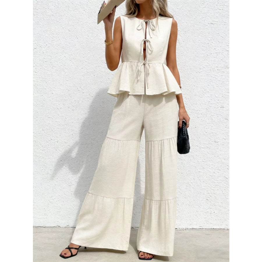 Sleeveless Tie-Front Top and Wide Leg Pants Set Apparel and Accessories