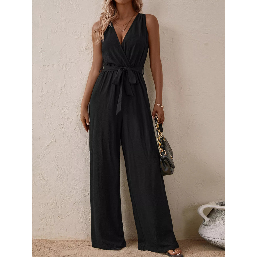 Sleeveless Tie Waist Wide Leg Jumpsuit Apparel and Accessories