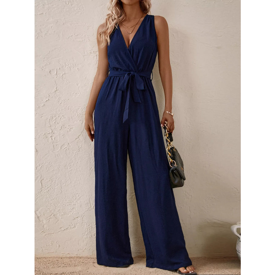 Sleeveless Tie Waist Wide Leg Jumpsuit Navy Blue / S Apparel and Accessories
