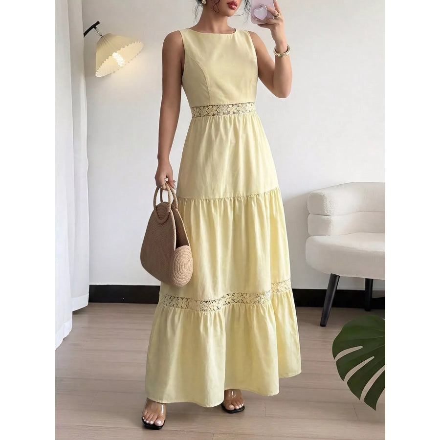 Sleeveless Tiered Lace Trim Maxi Dress Yellow / S Apparel and Accessories