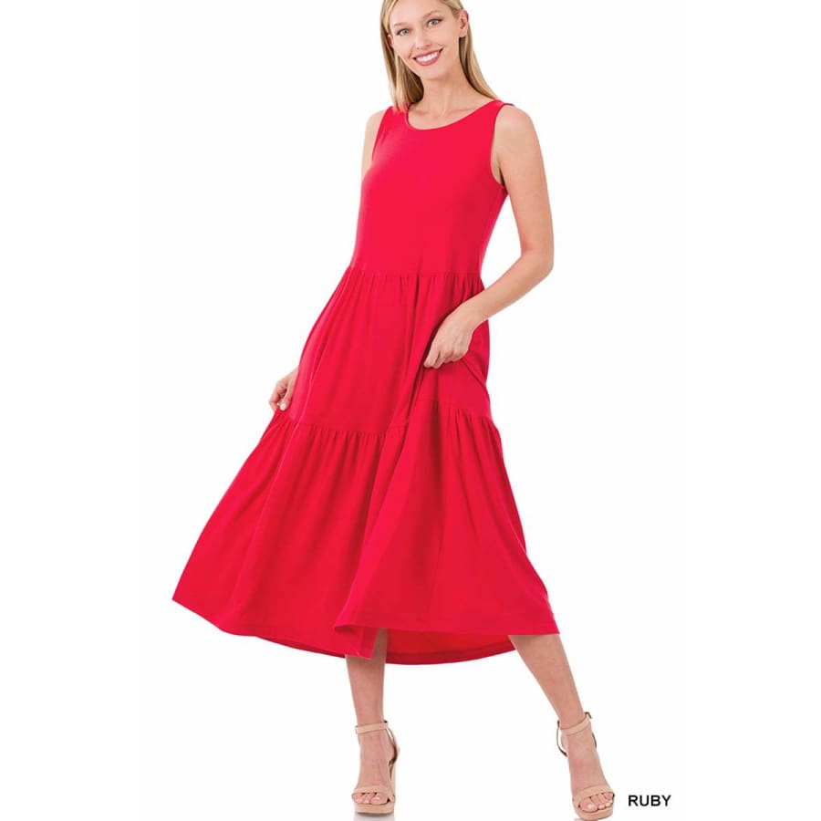 NEW! Sleeveless Tiered Ruffle Midi Maxi Dress Ruby / 1XL Dresses