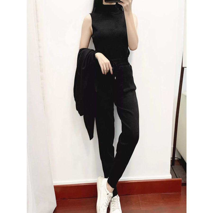 Sleeveless Top and Drawstring Joggers Sweater Set with Long Cardigan Apparel Accessories