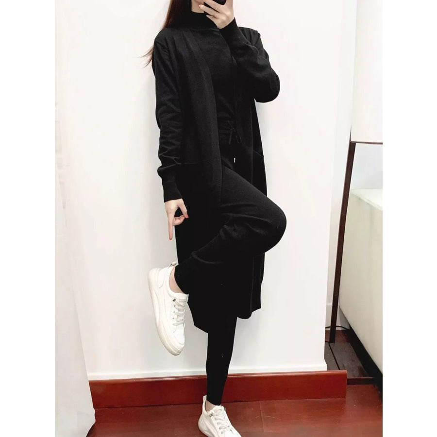 Sleeveless Top and Drawstring Joggers Sweater Set with Long Cardigan Black / One Size Apparel Accessories