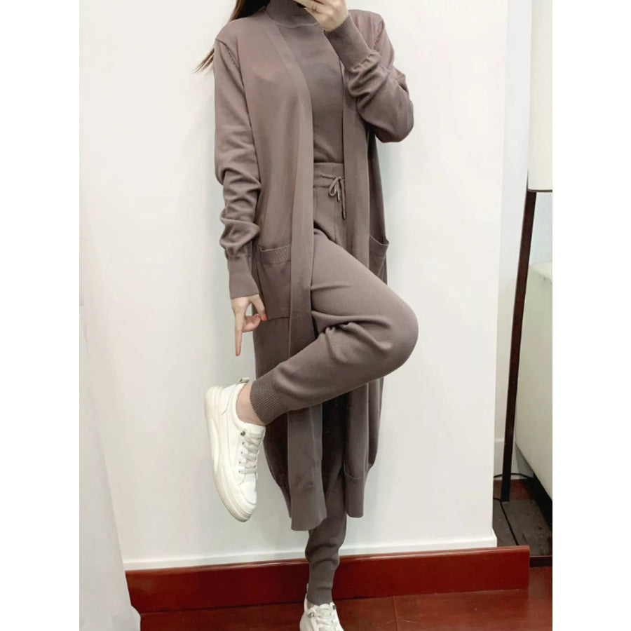 Sleeveless Top and Drawstring Joggers Sweater Set with Long Cardigan Camel / One Size Apparel Accessories