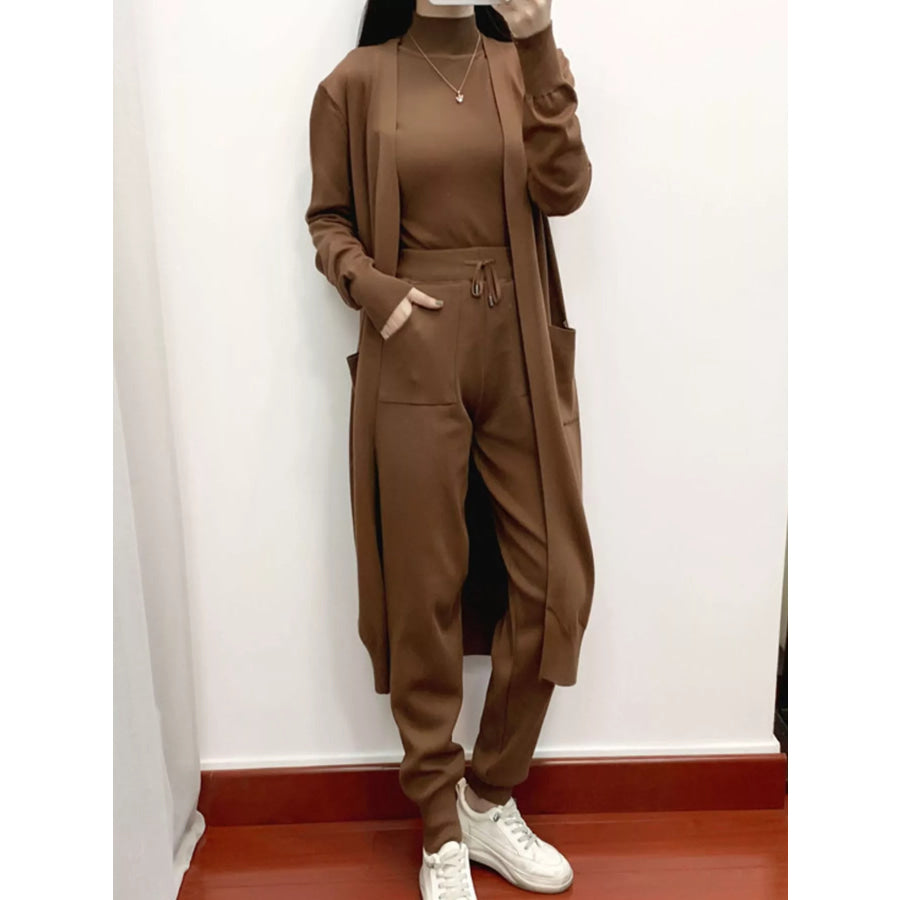 Sleeveless Top and Drawstring Joggers Sweater Set with Long Cardigan Coffee / One Size Apparel Accessories