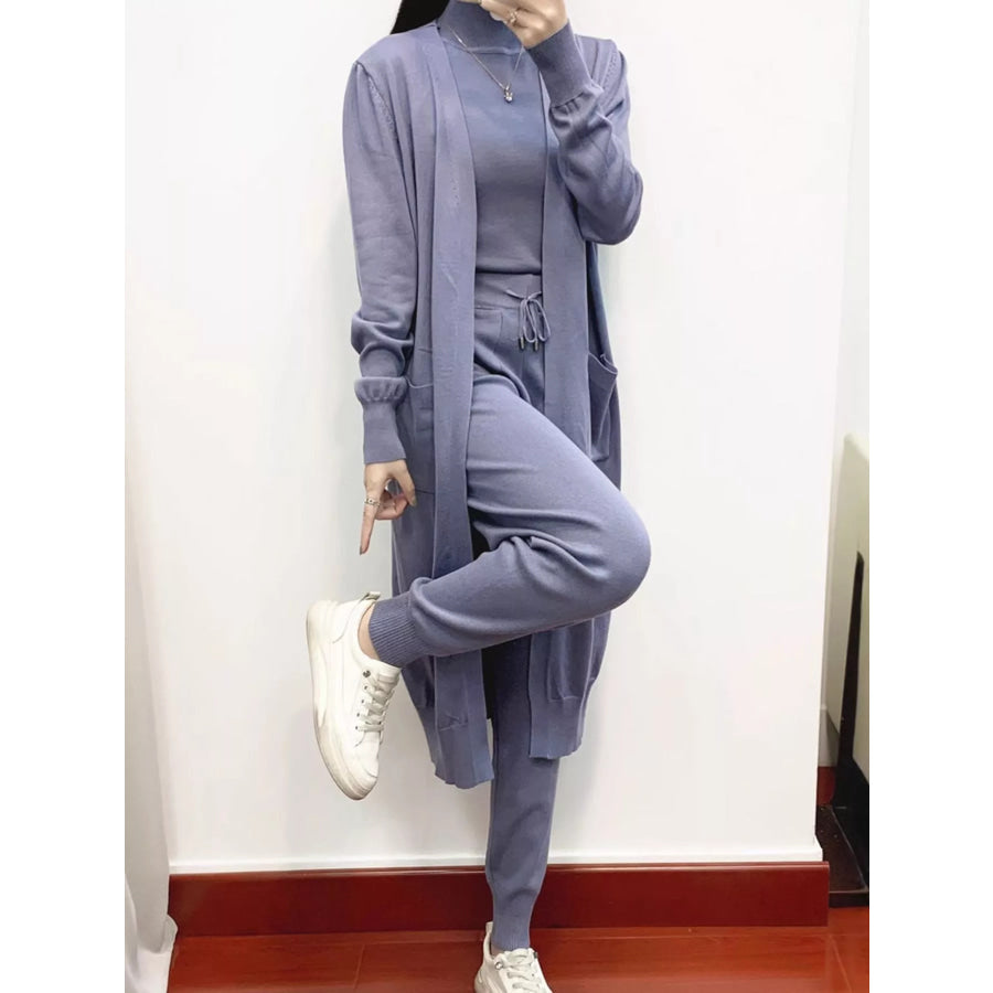 Sleeveless Top and Drawstring Joggers Sweater Set with Long Cardigan Gray Blue / One Size Apparel Accessories