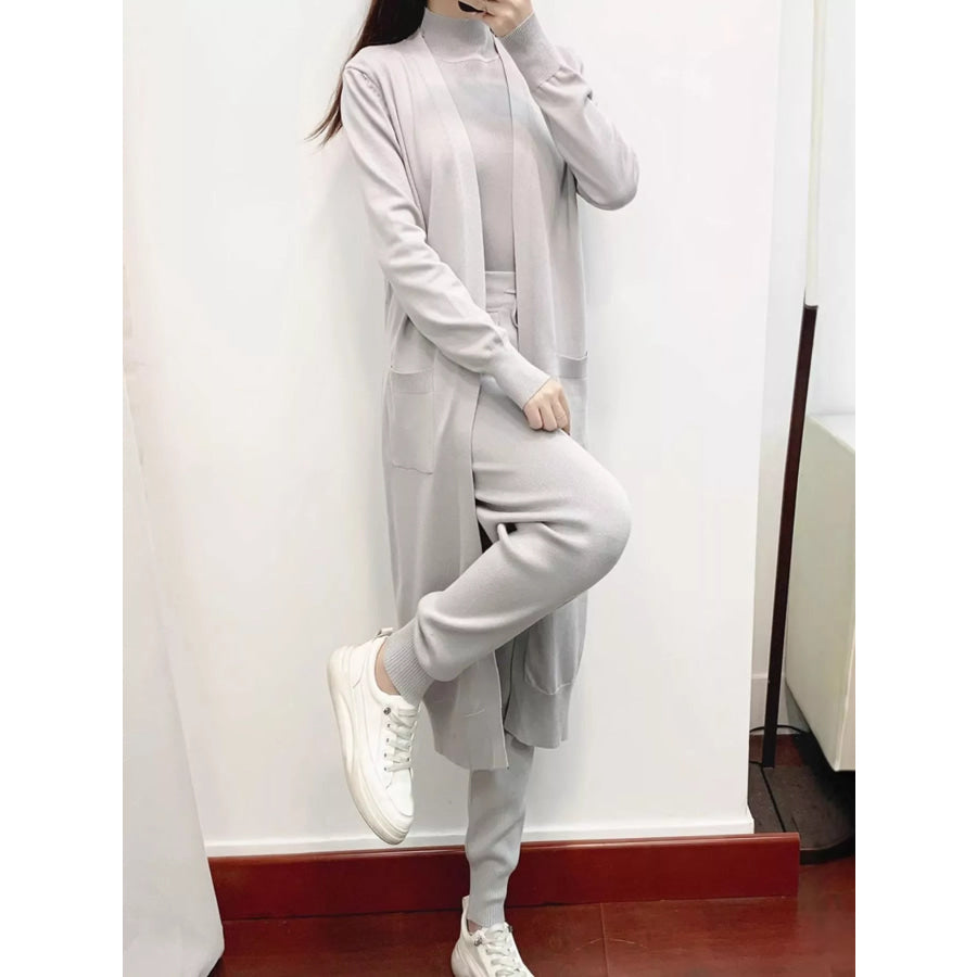 Sleeveless Top and Drawstring Joggers Sweater Set with Long Cardigan Gray / One Size Apparel Accessories